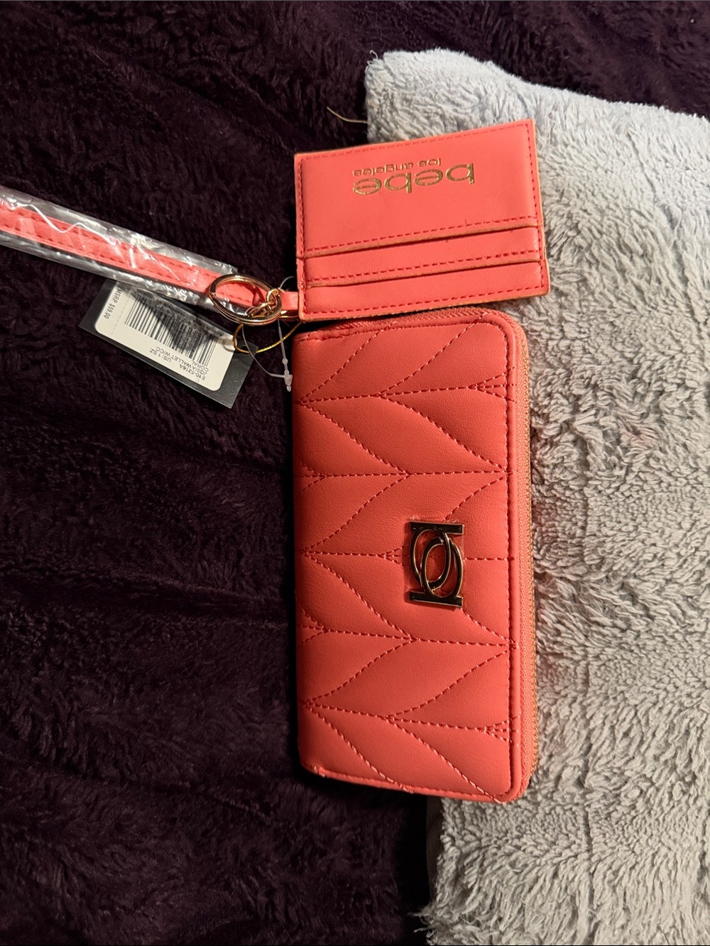 bebe Coral Quilted Zip Wallet with Cardholder and Wristlet NWT